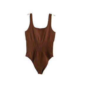 OQQ Womens L Brown Ribbed Seamless  Square Neck Bodysuit Tank Top Leotard